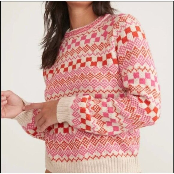 Marine Layer Archive Corralito Pullover Crew Sweater Oatmeal Pink Fair Isle XS - Picture 1 of 12